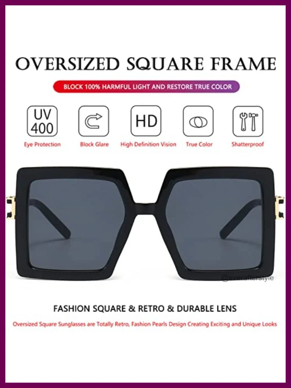 Oversized Square Sunglasses Women UV400 Protection Retro Metal Temple